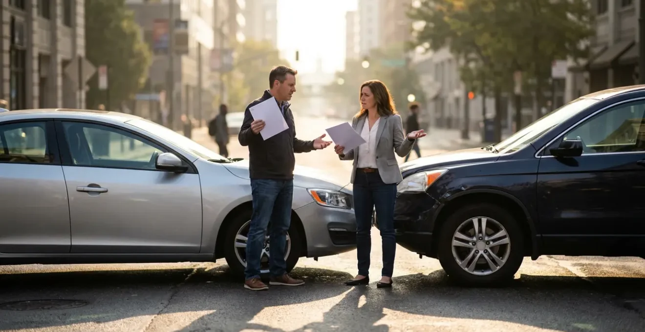 Deux conducteurs face à face sur une route urbaine après un accrochage, tenant des documents de constat dans leurs mains