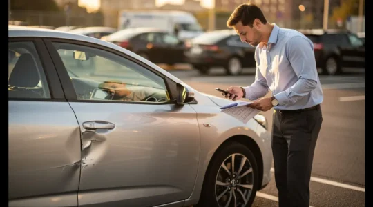 Conducteur examinant des dégâts sur une voiture de location avec documents en main dans un parking