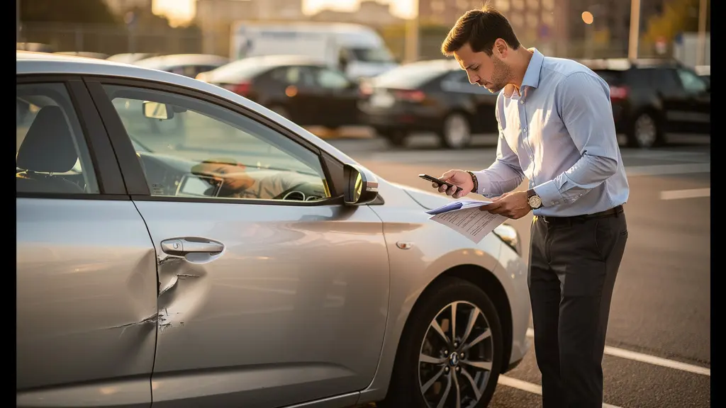 Conducteur examinant des dégâts sur une voiture de location avec documents en main dans un parking