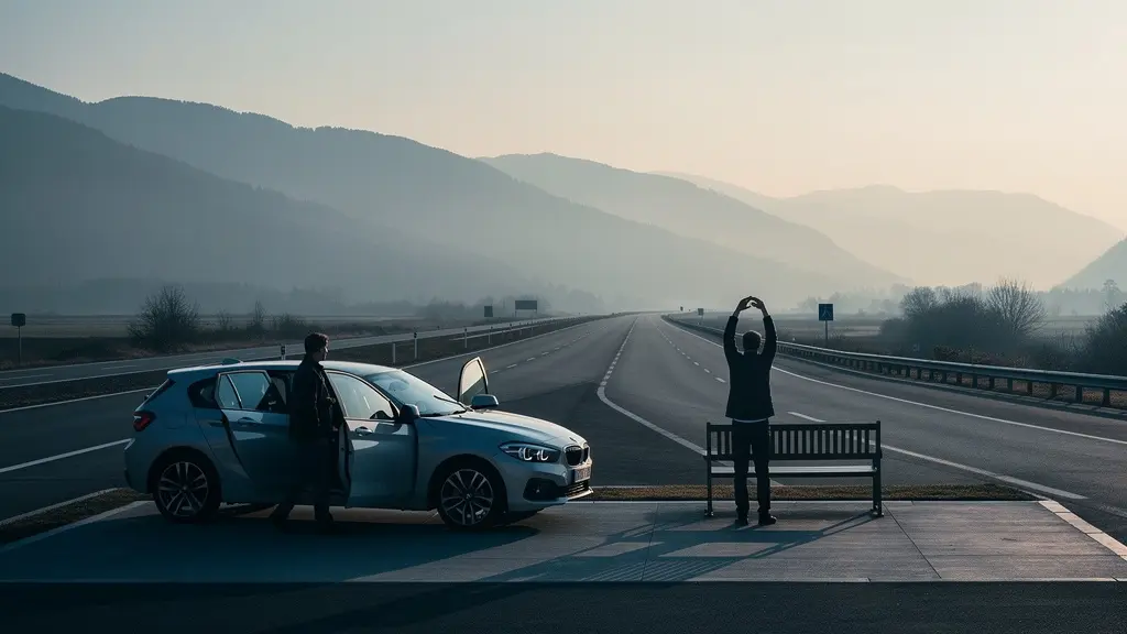 Aire de repos avec véhicule stationné et conducteurs effectuant une pause