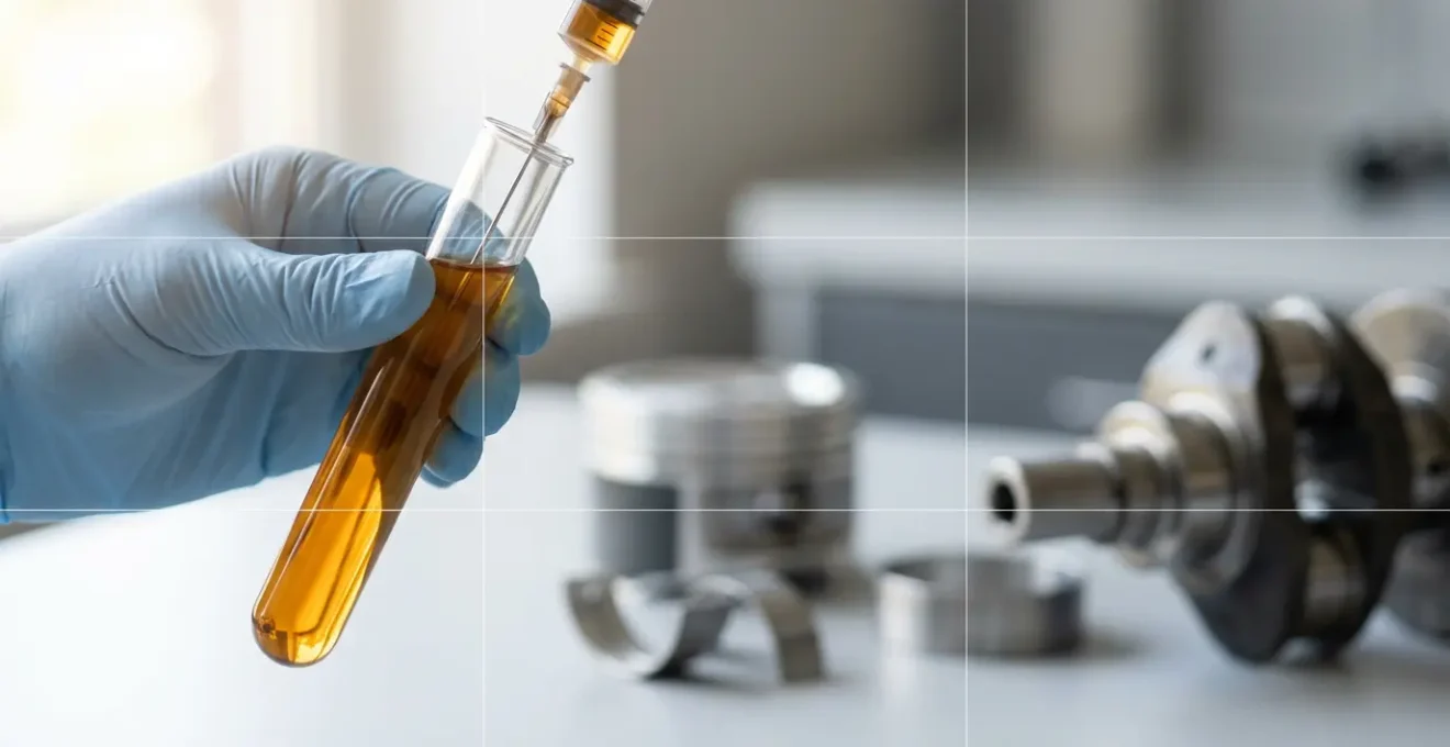 Analyse d'huile moteur en laboratoire avec seringue et échantillon ambré sous éclairage professionnel