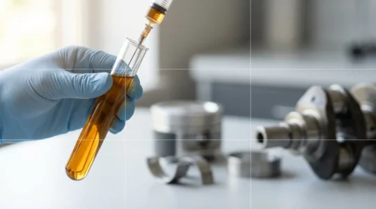 Analyse d'huile moteur en laboratoire avec seringue et échantillon ambré sous éclairage professionnel
