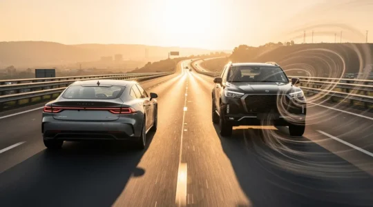 Comparaison visuelle entre une berline élégante et un SUV sur autoroute au coucher du soleil