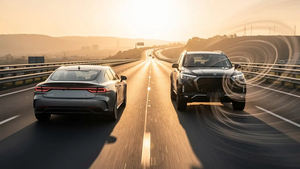 Comparaison visuelle entre une berline élégante et un SUV sur autoroute au coucher du soleil