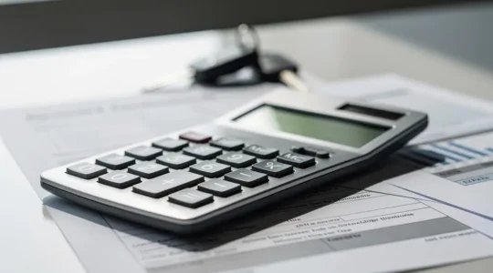 Calculatrice moderne posée sur des documents de location avec clés de voiture floues en arrière-plan