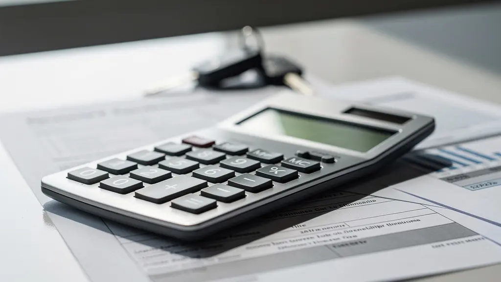 Calculatrice moderne posée sur des documents de location avec clés de voiture floues en arrière-plan