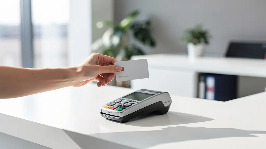 Mains tenant une carte bancaire près d'un terminal de paiement dans un environnement lumineux et épuré