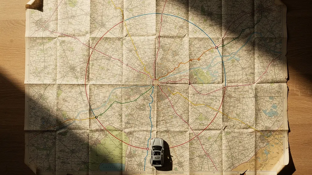 Vue plongeante sur une carte routière dépliée avec un tracé en boucle marqué, une voiture miniature posée dessus