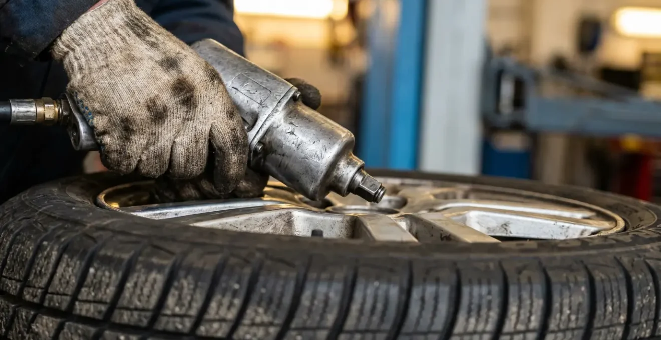 Technicien en centre auto changeant un pneu sur un pont élévateur