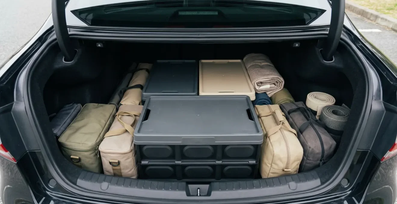 Vue aérienne d'un coffre de voiture organisé avec méthode de chargement optimal