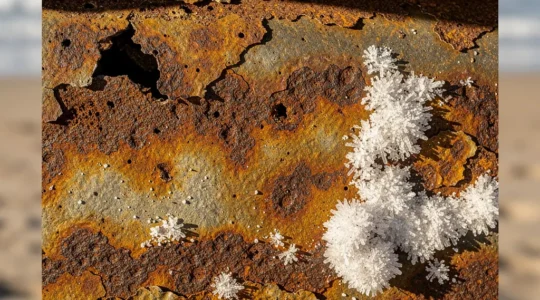 Gros plan sur le châssis corrodé d'une voiture exposé au sel marin avec texture rouille