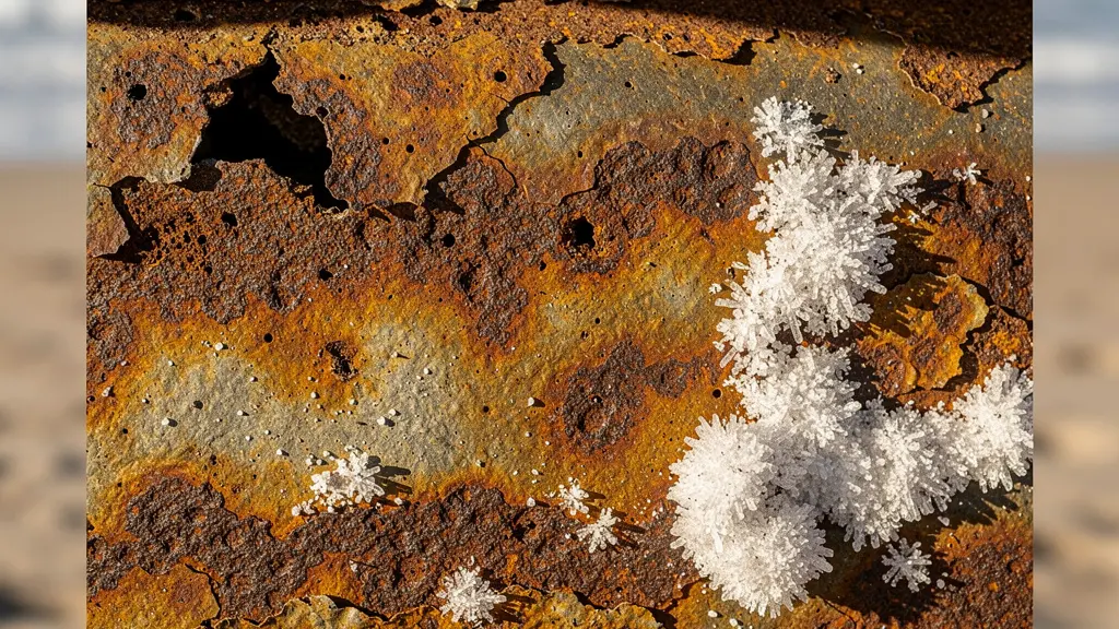 Gros plan sur le châssis corrodé d'une voiture exposé au sel marin avec texture rouille