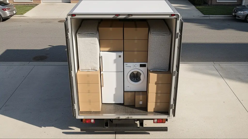 Vue plongeante d'un utilitaire 20m³ ouvert avec organisation optimale du chargement pour un déménagement de T3