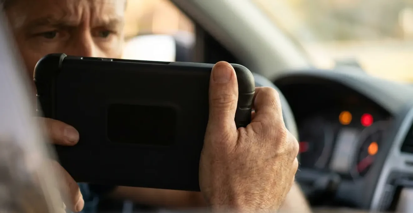 Conducteur inquiet tenant un outil de diagnostic OBD2, avec le voyant moteur allumé et flou en arrière-plan.