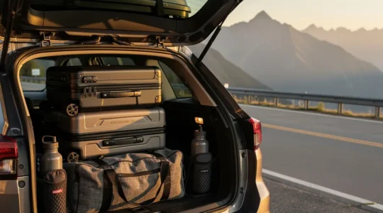 Vue arrière d'un coffre de voiture méthodiquement organisé avec des bagages de différentes tailles et un coffre de toit sur le véhicule stationné en pleine nature
