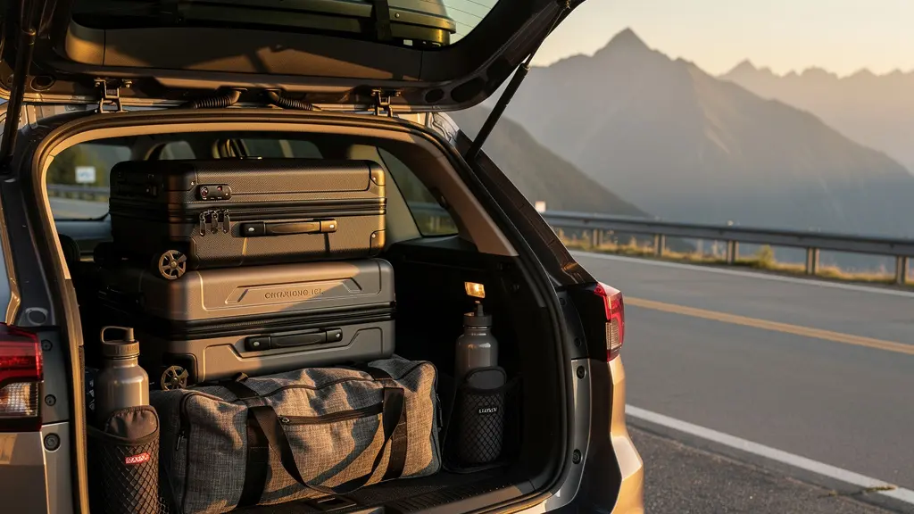 Vue arrière d'un coffre de voiture méthodiquement organisé avec des bagages de différentes tailles et un coffre de toit sur le véhicule stationné en pleine nature