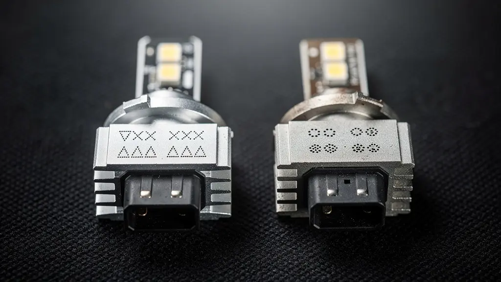 Macro photographie montrant deux ampoules LED automobile avec focus sur les marquages de certification