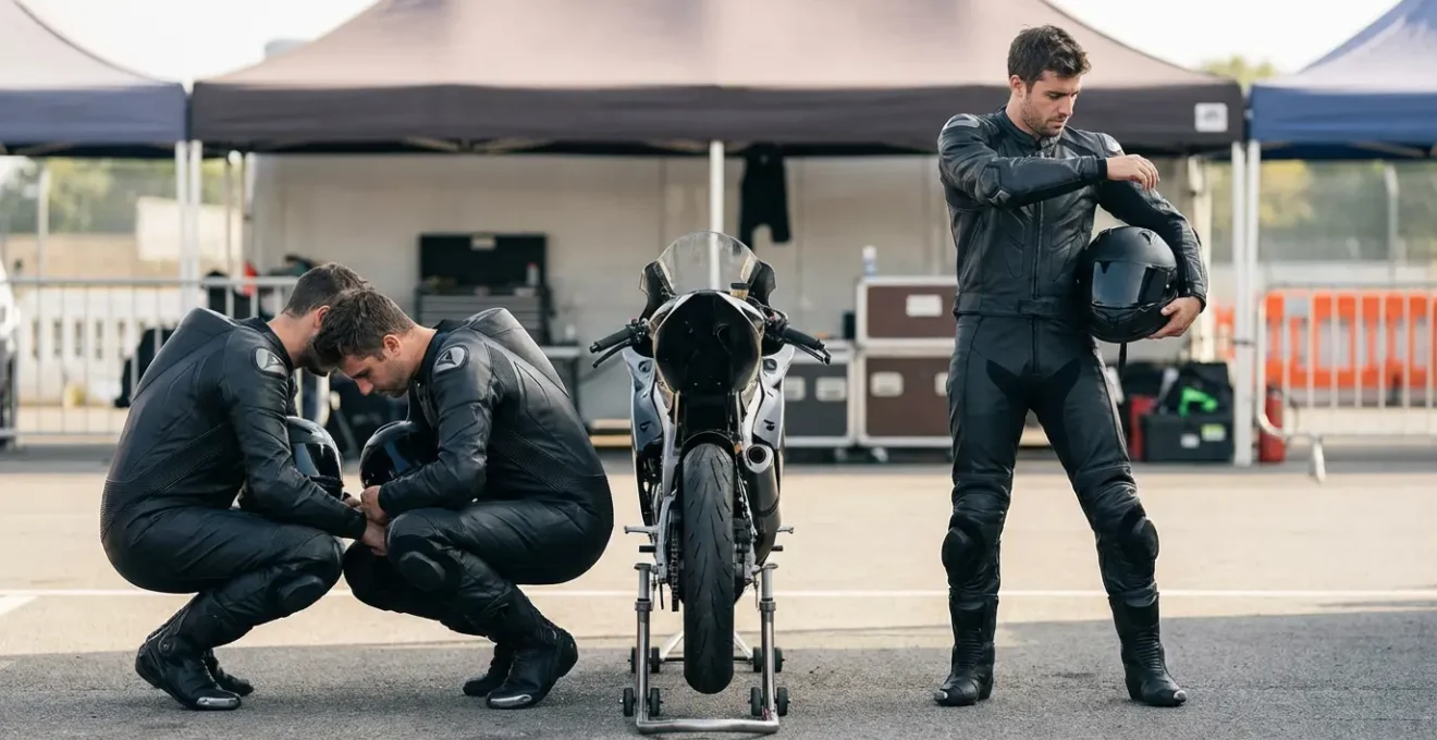 Vue comparative de deux motards équipés de combinaisons différentes sur paddock de circuit