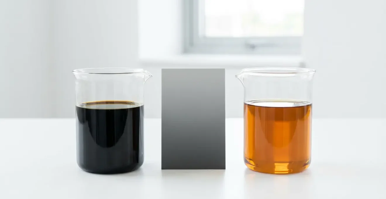 Deux échantillons d'huile moteur côte à côte montrant la différence de couleur et viscosité