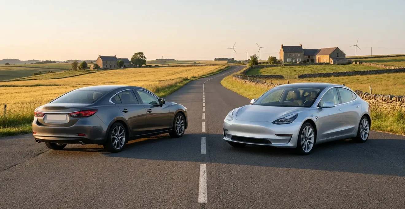 Vue comparative d'un véhicule thermique et d'un véhicule électrique sur une route de campagne