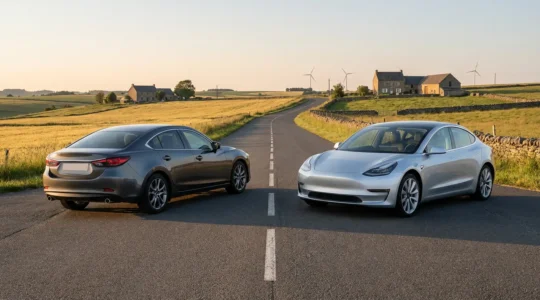 Vue comparative d'un véhicule thermique et d'un véhicule électrique sur une route de campagne