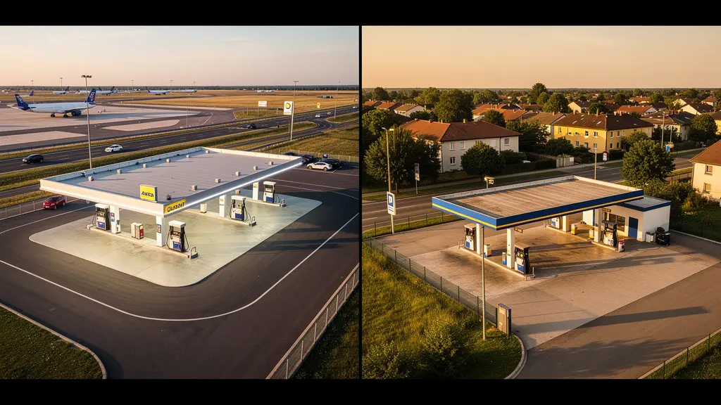 Vue aérienne montrant deux stations-service à proximité avec des prix différents affichés de manière abstraite