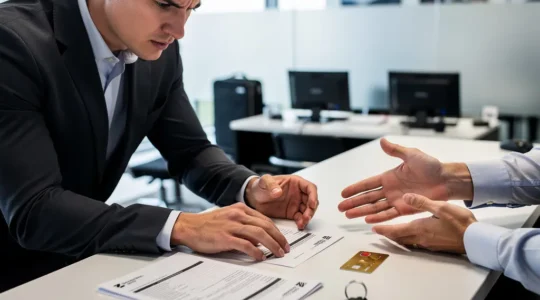 Scène de comptoir de location avec client examinant attentivement un contrat, carte bancaire dorée posée sur le bureau