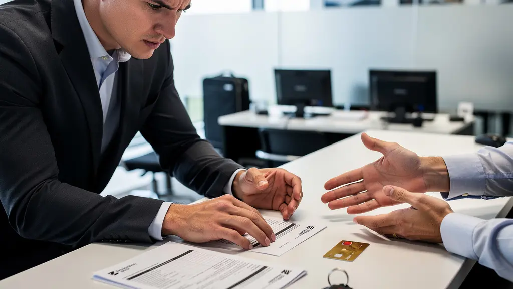 Scène de comptoir de location avec client examinant attentivement un contrat, carte bancaire dorée posée sur le bureau