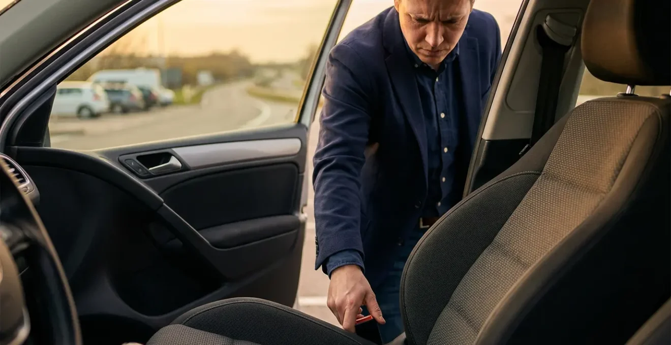 Conducteur ajustant méthodiquement son siège automobile sur une aire d'autoroute au lever du soleil