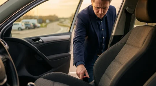 Conducteur ajustant méthodiquement son siège automobile sur une aire d'autoroute au lever du soleil