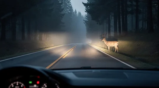 Conducteur prudent sur une route forestière nocturne avec cervidé visible dans les phares