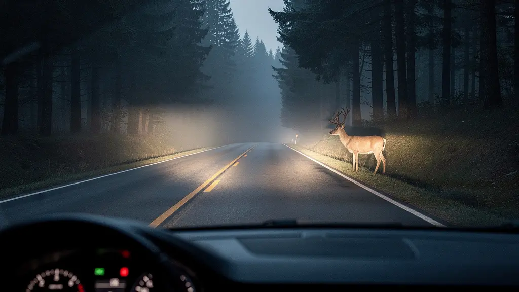 Conducteur prudent sur une route forestière nocturne avec cervidé visible dans les phares