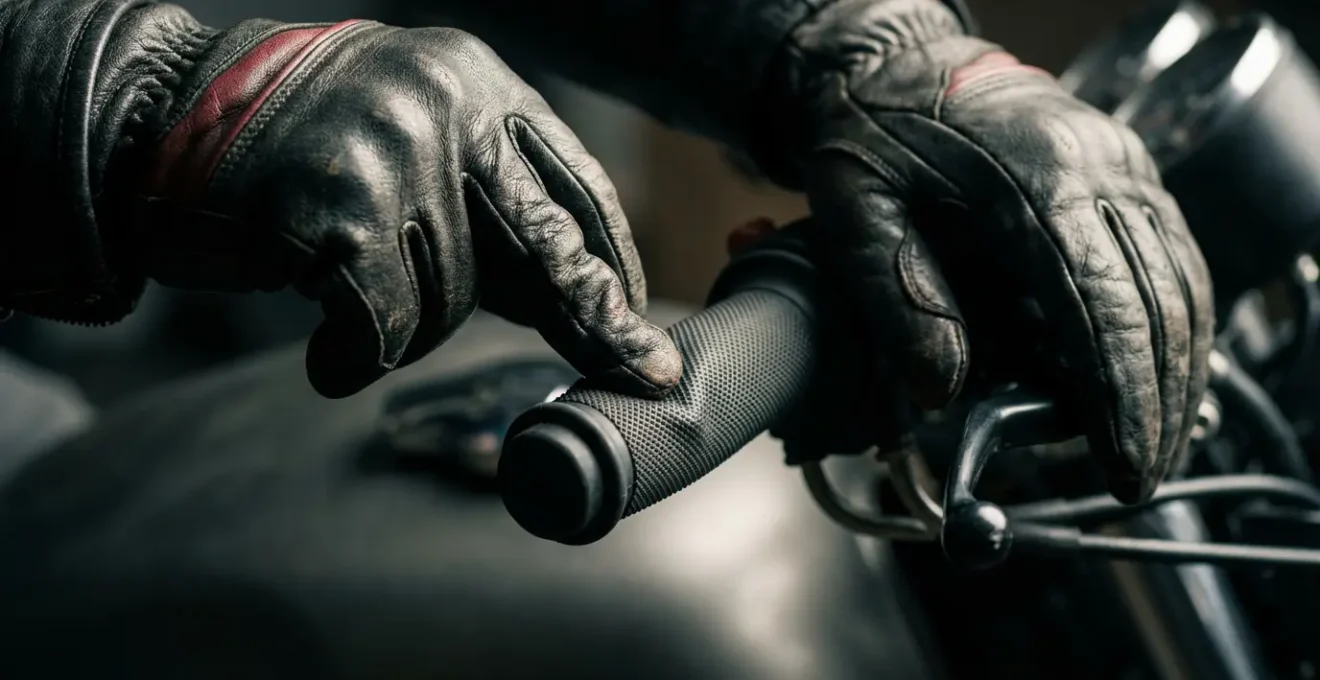 Gros plan sur les mains d'un motard effectuant un contre-braquage, montrant la pression exercée sur le guidon