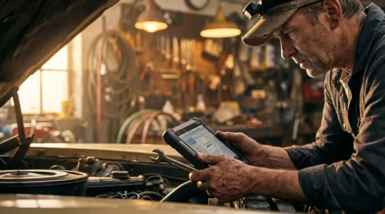 Mécanicien professionnel inspectant minutieusement un véhicule avec divers outils de diagnostic