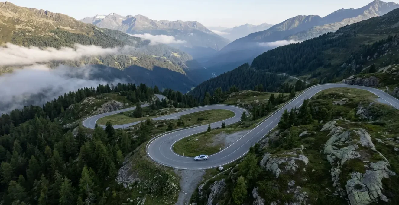 Vue aérienne d'une route de montagne sinueuse en descente avec virages en épingle