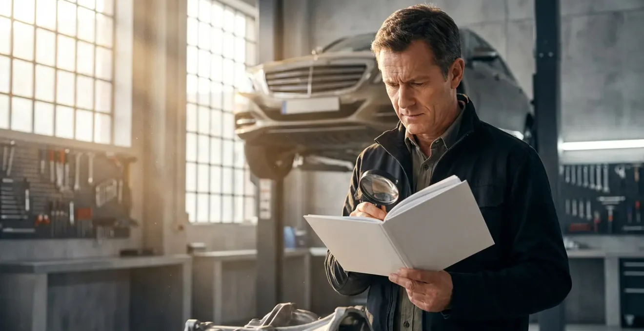 Un enquêteur automobile examine attentivement un carnet d'entretien avec une loupe dans un garage professionnel