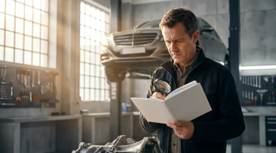 Un enquêteur automobile examine attentivement un carnet d'entretien avec une loupe dans un garage professionnel