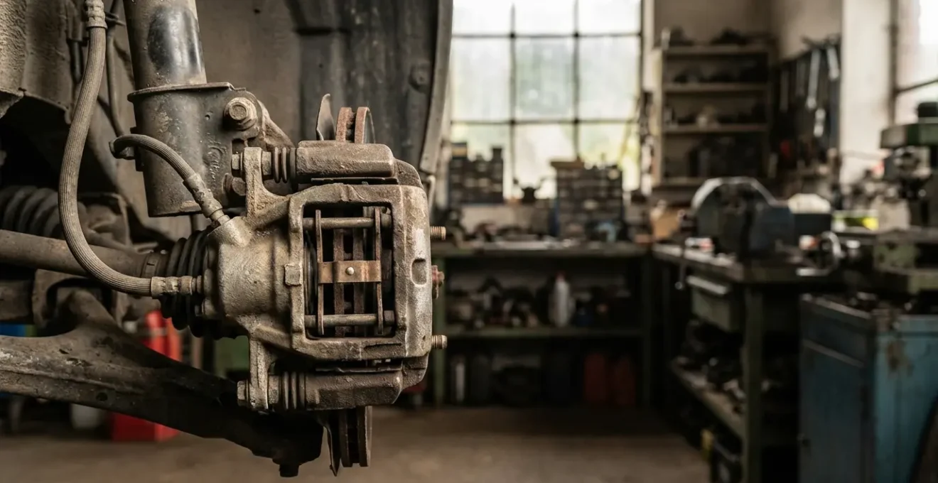 Vue détaillée d'un étrier de frein montrant les pistons et guides en situation de grippage