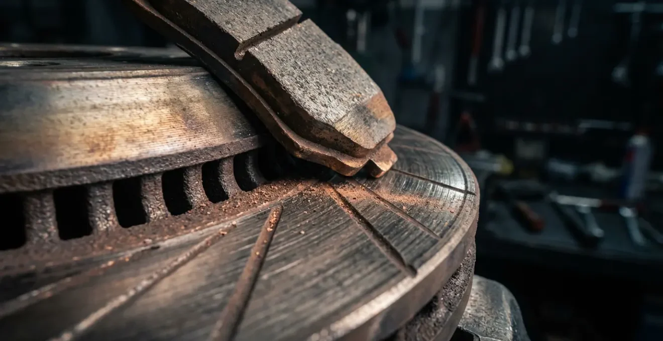 Gros plan sur un système de freinage automobile avec plaquette de frein et disque, mise au point sur les détails mécaniques