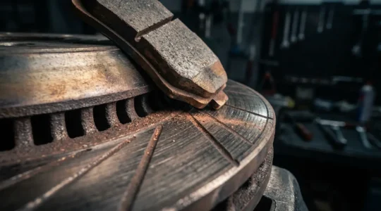 Gros plan sur un système de freinage automobile avec plaquette de frein et disque, mise au point sur les détails mécaniques