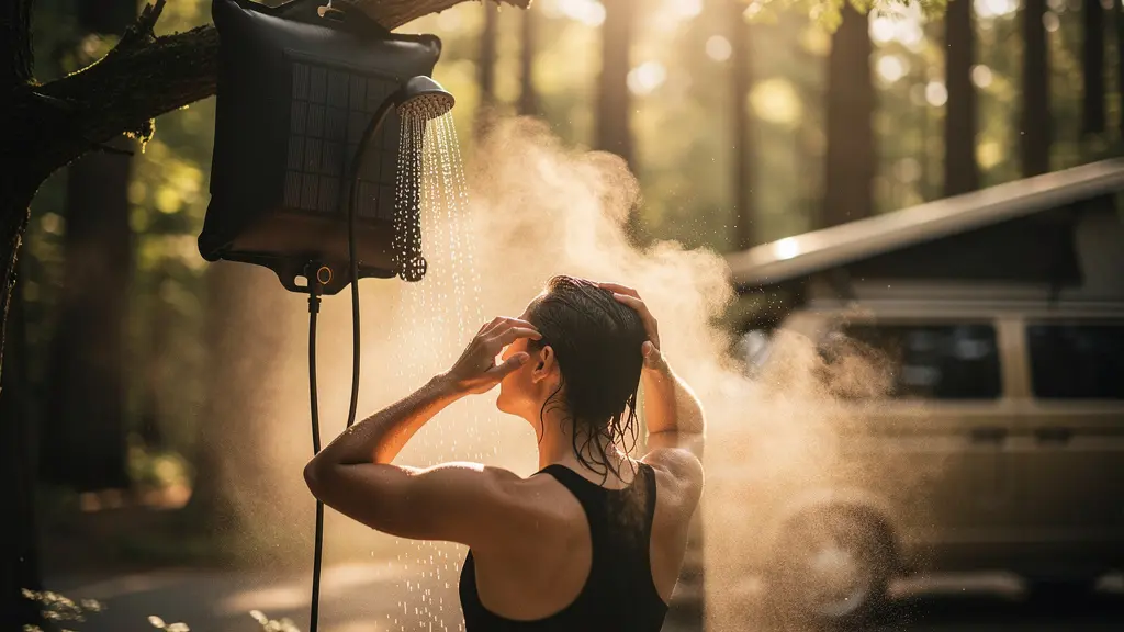Douche solaire portable suspendue à un arbre avec van en arrière-plan