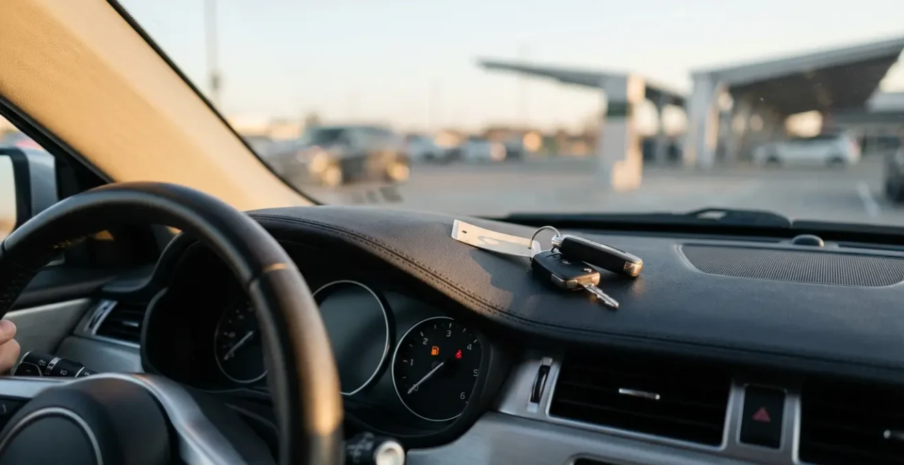 Vue intérieure d'une voiture de location avec jauge d'essence visible et clés sur tableau de bord