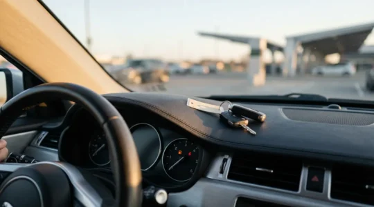 Vue intérieure d'une voiture de location avec jauge d'essence visible et clés sur tableau de bord