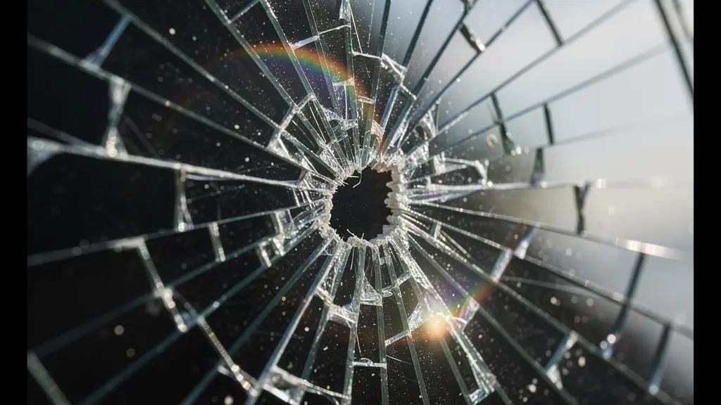 Détail macro d'un impact sur pare-brise avec reflets lumineux artistiques