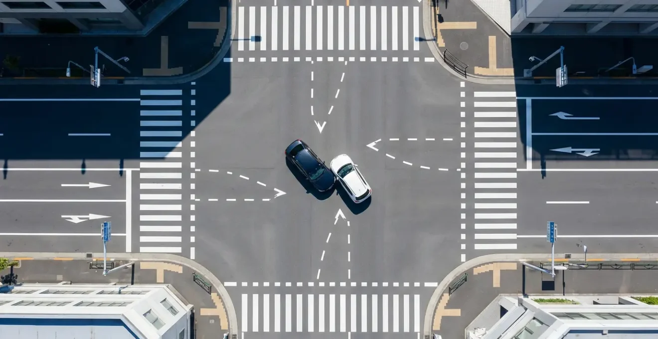 Vue aérienne d'un carrefour urbain avec marquages au sol et trajectoires de véhicules