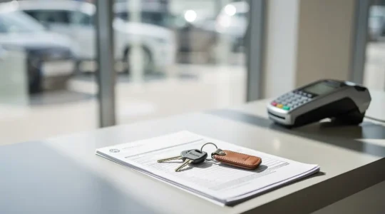 Bureau de location de voiture avec contrat et clés sur le comptoir