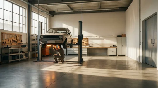 Mécanicien travaillant sous le capot d'une voiture dans un garage indépendant avec outils professionnels