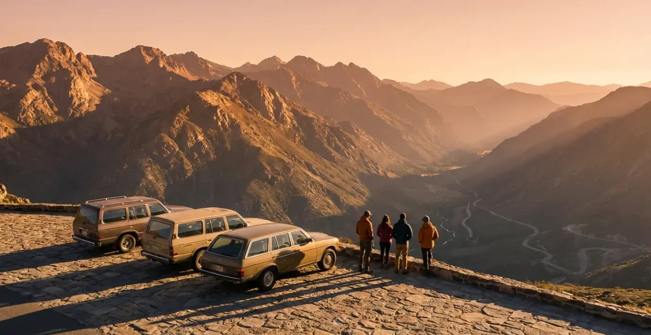 Plusieurs voitures garées sur un belvédère de montagne avec vue panoramique