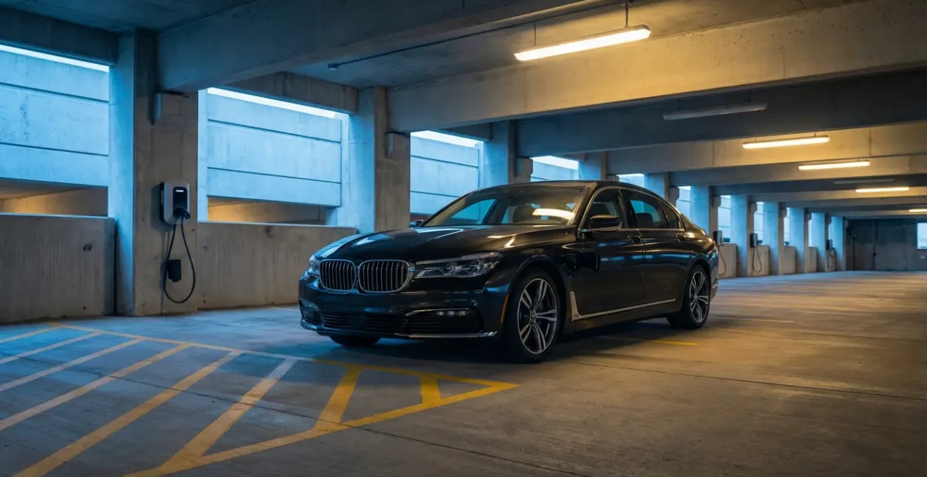 Voiture hybride rechargeable connectée à une borne de recharge vide dans un parking d'entreprise désert