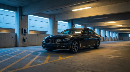 Voiture hybride rechargeable connectée à une borne de recharge vide dans un parking d'entreprise désert